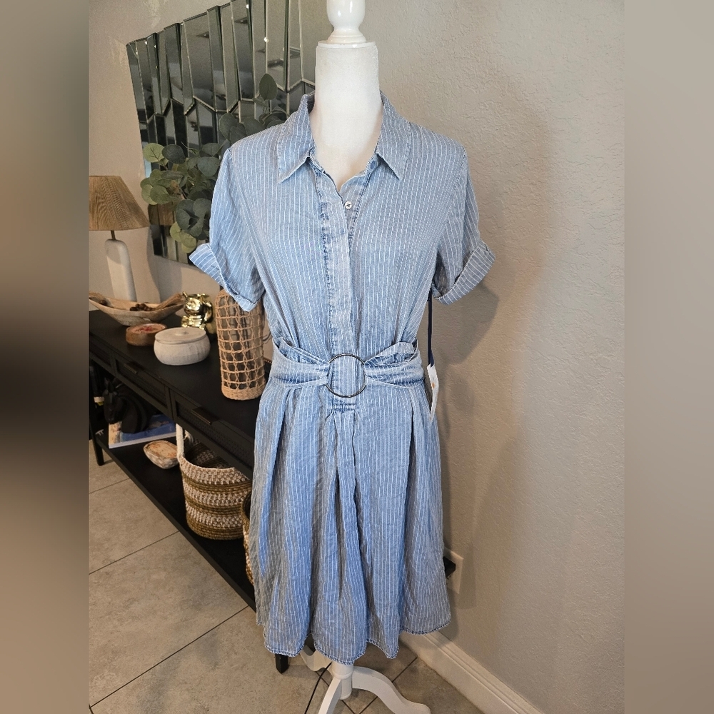 given kale Women's Belt Striped Denim Midi Shirt Dress M